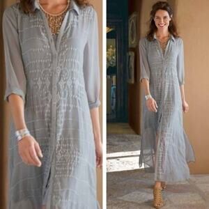 Soft Surroundings Ibiza Maxi Shirtdress, Sheer Embroidered w/ Slip & Sash Size S